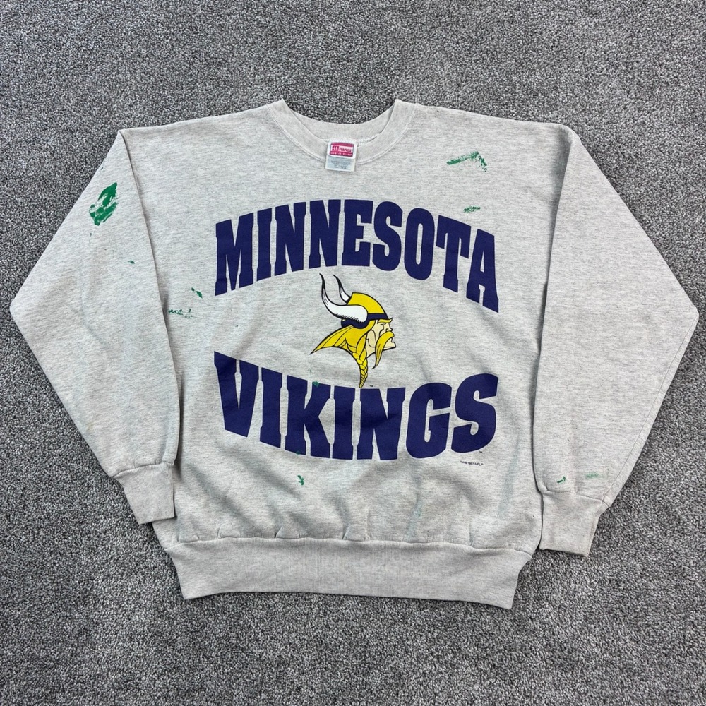 Hanes Gray Minnesota Vikings Crewneck Sweatshirt with Yellow Logo and Navy Print
